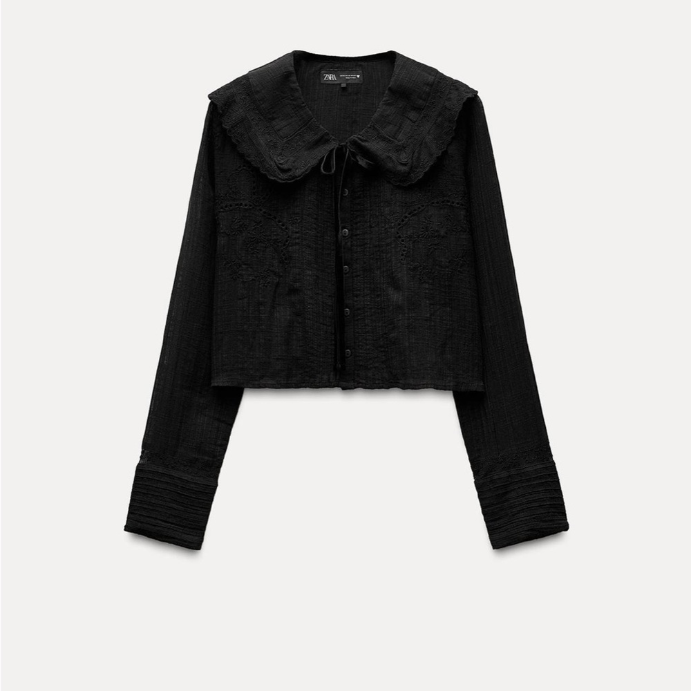 GUC • ZARA Peter Pan Collar Embroidered Black Top with Ribbon